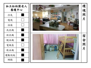 私立松柏園老人
養護中心
冷氣 ■
電視 □
冰箱 □
洗衣機 ■
烘衣機 ■
脫水機 ■
電風扇 □
飲水機 ■
運動設施 ■
網路 ■
環
境
照
片
宿
舍
照
片
 