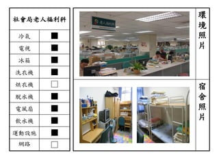社會局老人福利科
冷氣 ■
電視 ■
冰箱 ■
洗衣機 ■
烘衣機 □
脫水機 ■
電風扇 ■
飲水機 ■
運動設施 ■
網路 □
環
境
照
片
宿
舍
照
片
 