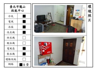 臺北市龍山
啟能中心
冷氣 ■
電視 ■
冰箱 ■
洗衣機 ■
烘衣機 □
脫水機 □
電風扇 ■
飲水機 ■
運動設施 □
網路 ■自費
環
境
照
片
 