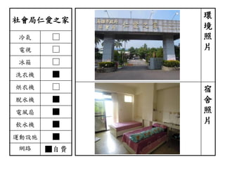 社會局仁愛之家
冷氣 □
電視 □
冰箱 □
洗衣機 ■
烘衣機 □
脫水機 ■
電風扇 ■
飲水機 ■
運動設施 ■
網路 ■自費
環
境
照
片
宿
舍
照
片
 
