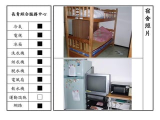長青綜合服務中心
冷氣 ■
電視 ■
冰箱 ■
洗衣機 ■
烘衣機 ■
脫水機 ■
電風扇 ■
飲水機 ■
運動設施 □
網路 ■
宿
舍
照
片
 