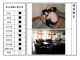 私立高雄仁愛之家
冷氣 ■
電視 ■
冰箱 ■
洗衣機 ■
烘衣機 ■
脫水機 ■
電風扇 ■
飲水機 ■
運動設施 ■
網路 □
宿
舍
照
片
 