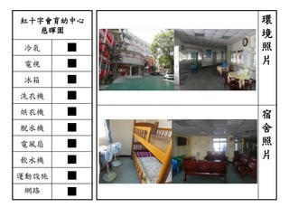 紅十字會育幼中心
慈暉園
冷氣 ■
電視 ■
冰箱 ■
洗衣機 ■
烘衣機 ■
脫水機 ■
電風扇 ■
飲水機 ■
運動設施 ■
網路 ■
環
境
照
片
宿
舍
照
片
 
