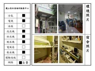 鳳山區社會福利服務中心
冷氣 ■
電視 ■
冰箱 □
洗衣機 ■
烘衣機 ■
脫水機 ■
電風扇 □
飲水機 ■
運動設施 □
網路 ■自費
環
境
照
片
宿
舍
照
片
 
