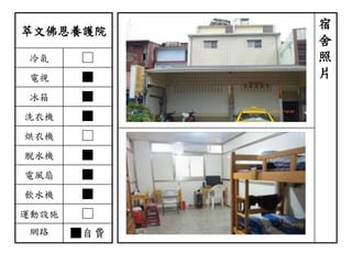萃文佛恩養護院
冷氣 □
電視 ■
冰箱 ■
洗衣機 ■
烘衣機 □
脫水機 ■
電風扇 ■
飲水機 ■
運動設施 □
網路 ■自費
宿
舍
照
片
 