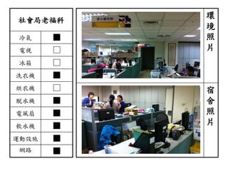 社會局老福科
冷氣 ■
電視 □
冰箱 □
洗衣機 ■
烘衣機 □
脫水機 ■
電風扇 ■
飲水機 ■
運動設施 ■
網路 ■
環
境
照
片
宿
舍
照
片
 
