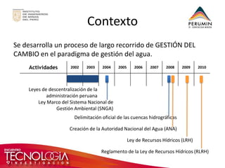Contexto 
Se desarrolla un proceso de largo recorrido de GESTIÓN DEL CAMBIO en el paradigma de gestión del agua. 
Actividades 
2002 
2003 
2004 
2005 
2006 
2007 
2008 
2009 
2010 
Leyes de descentralización de la administración peruana 
Ley Marco del Sistema Nacional de Gestión Ambiental (SNGA) 
Delimitación oficial de las cuencas hidrográficas 
Creación de la Autoridad Nacional del Agua (ANA) 
Ley de Recursos Hídricos (LRH) 
Reglamento de la Ley de Recursos Hídricos (RLRH)  