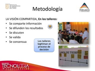 Metodología 
LA VISIÓN COMPARTIDA, En los talleres: 
•Se comparte información 
•Se difunden los resultados 
•Se discuten 
•Se valida 
•Se consensua 
Los talleres legitiman el proceso de decisión  
