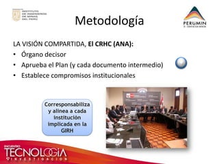 Metodología 
LA VISIÓN COMPARTIDA, El CRHC (ANA): 
•Órgano decisor 
•Aprueba el Plan (y cada documento intermedio) 
•Establece compromisos institucionales 
Corresponsabiliza y alinea a cada institución implicada en la GIRH  