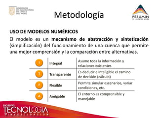 Metodología 
USO DE MODELOS NUMÉRICOS 
El modelo es un mecanismo de abstracción y sintetización (simplificación) del funcionamiento de una cuenca que permite una mejor comprensión y la comparación entre alternativas. 
Integral 
Asume toda la información y relaciones existentes 
Transparente 
Es deducir e inteligible el camino de decisión (cálculo) 
Flexible 
Permite simular escenarios, variar condiciones, etc. 
Amigable 
El entorno es comprensible y manejable 
T 
A 
I 
F  