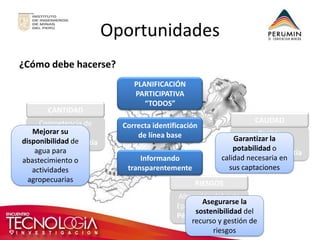 Oportunidades 
¿Cómo debe hacerse? 
Competencia de demandas 
Pérdida de garantía 
CANTIDAD 
Posible contaminación 
Pérdida de garantía 
CALIDAD 
Alteración del ciclo 
Episodios puntuales 
Pérdida de garantía 
RIESGOS 
Mejorar su disponibilidad de agua para abastecimiento o actividades agropecuarias 
Garantizar la potabilidad o calidad necesaria en sus captaciones 
Asegurarse la sostenibilidad del recurso y gestión de riesgos 
PLANIFICACIÓN PARTICIPATIVA 
“TODOS” 
Correcta identificación de línea base 
Informando transparentemente  