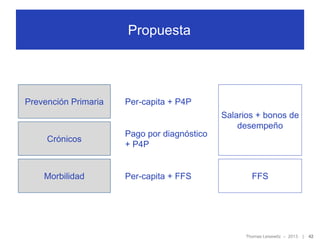 Propuesta

Prevención Primaria

Per-capita + P4P

Salarios + bonos de
desempeño
Crónicos

Morbilidad

Pago por diagnóstico
+ P4P

Per-capita + FFS

FFS

Thomas Leisewitz – 2013

|

42

 