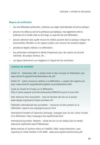CATÉGORIE 1: SYSTÈME DE RÉGULATION




Moyens de vérification

—     lois anti-diffamation pertinentes, conformes aux règles internationales de bonne pratique ;

—     preuves d’un débat au sein de la profession journalistique, mais également entre la
      profession et la société civile au sens large, au sujet des lois anti-diffamation ;

—     preuves attestant dans quelle mesure les médias peuvent dans la pratique critiquer les
      personnalités officielles ou les organes publics sans encourir de sanctions légales ;

—     procédures légales relatives à la diffamation ;

—     lois pertinentes restreignant la liberté d’expression pour des raisons de sécurité
      nationale, des propos haineux, etc. ;

—     cas légaux démontrant une négligence à l’égard des lois restrictives.

    SOURCES DE DONNÉES

    Article 19 – Defamation ABC: a Simple Guide to Key Concepts of Defamation Law
    www.article19.org/pdfs/tools/defamation-abc.pdf

    Article 19 – autres ressources relatives à la diffamation, y compris des rapports par
    pays: www.article19.org/publications/global-issues/defamation.html

    Guide du Conseil de l’Europe sur la diffamation:
    http://i-policy.typepad.com/informationpolicy/2006/03/council_of_euro.html

    Inter-American Press Association – base de données des lois sur la presse:
    www.sipiapa.org/projects/chapul-presslaws.cfm

    Fédération internationale des journalistes – ressources et liens portant sur la
    diffamation: www.ifj-asia.org/page/resources.html

    International Freedom of Expression eXchange: campagne pour les lois contre l’insulte
    et la diffamation: http://campaigns.ifex.org/def/index.html

    International Journalists’ Network – étude des lois sur les médias dans le monde:
    www.ijnet.org/Director.aspx?P=MediaLaws

    Media Institute of Southern Africa et l’UNESCO, 2004: Undue Restriction: Laws
    impacting on media freedom in the SADC: www.misa.org/documents/undue.pdf


                                                                                               29
 