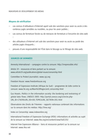 INDICATEURS DE DÉVELOPPEMENT DES MÉDIAS




Moyens de vérification

—     cas connus d’utilisateurs d’Internet ayant subi des sanctions pour avoir eu accès à des
      contenus jugés sensibles ou nuisibles, ou pour les avoir publiés ;

—     cas connus de fermeture forcée ou de menaces de fermeture à l’encontre de sites web
      ;

—     des utilisateurs d’Internet ont subi des sanctions pour avoir eu accès ou posté des
      articles jugés choquants ;

—     preuves d’une responsabilité de l’État dans le blocage ou le filtrage de sites web.



    SOURCES DE DONNÉES

    Amnesty International – campagne contre la censure: http://irrepressible.info/

    Article 19 – ressources et liens portant sur la censure:
    www.article19.org/publications/global-issues/censorship.html

    Committee to Protect Journalists: www.cpj.org

    Freedom House: www.freedomhouse.org

    Freedom of Expression Institute (Afrique du Sud) – programme de lutte contre la
    censure: www.fxi.org.za/Main%20Pages/anti_censorship.html

    Gus Hosein, Politics in the information society: the bordering and restraining of
    global data flows, UNESCO 2005: http://portal.unesco.org/ci/en/ev.php-
    URL_ID=17659&URL_DO=DO_TOPIC&URL_SECTION=201.html

    Observatoire des Droits de l’Homme – rapports nationaux contenant des informations
    sur la censure dans les médias: http://hrw.org/

    Index on Censorship: www.indexonline.org

    International Freedom of Expression Exchange (IFEX): informations et activités au sujet
    de la censure sur Internet: www.ifex.org/en/content/view/full/235/

    Internet Free Expression Alliance – liens et ressources portent sur la censure sur
    Internet: www.ifea.net


32
 
