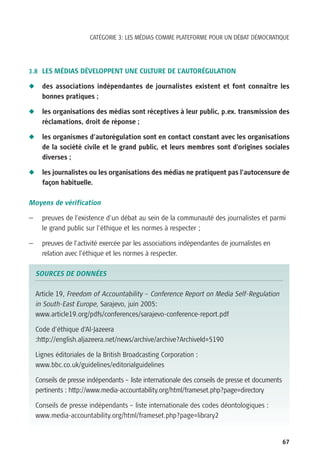 CATÉGORIE 3: LES MÉDIAS COMME PLATEFORME POUR UN DÉBAT DÉMOCRATIQUE




3.8 LES MÉDIAS DÉVELOPPENT UNE CULTURE DE L’AUTORÉGULATION

N     des associations indépendantes de journalistes existent et font connaître les
      bonnes pratiques ;

N     les organisations des médias sont réceptives à leur public, p.ex. transmission des
      réclamations, droit de réponse ;

N     les organismes d’autorégulation sont en contact constant avec les organisations
      de la société civile et le grand public, et leurs membres sont d’origines sociales
      diverses ;

N     les journalistes ou les organisations des médias ne pratiquent pas l’autocensure de
      façon habituelle.

Moyens de vérification

—     preuves de l’existence d’un débat au sein de la communauté des journalistes et parmi
      le grand public sur l’éthique et les normes à respecter ;

—     preuves de l’activité exercée par les associations indépendantes de journalistes en
      relation avec l’éthique et les normes à respecter.

    SOURCES DE DONNÉES

    Article 19, Freedom of Accountability – Conference Report on Media Self-Regulation
    in South-East Europe, Sarajevo, juin 2005:
    www.article19.org/pdfs/conferences/sarajevo-conference-report.pdf

    Code d’éthique d’Al-Jazeera
    :http://english.aljazeera.net/news/archive/archive?ArchiveId=5190

    Lignes éditoriales de la British Broadcasting Corporation :
    www.bbc.co.uk/guidelines/editorialguidelines

    Conseils de presse indépendants – liste internationale des conseils de presse et documents
    pertinents : http://www.media-accountability.org/html/frameset.php?page=directory

    Conseils de presse indépendants – liste internationale des codes déontologiques :
    www.media-accountability.org/html/frameset.php?page=library2


                                                                                                 67
 