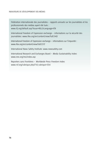 INDICATEURS DE DÉVELOPPEMENT DES MÉDIAS




  Fédération internationale des journalistes – rapports annuels sur les journalistes et les
  professionnels des médias ayant été tués :
  www.ifj.org/default.asp?Issue=KILL&Language=EN

  International Freedom of Expression exchange – informations sur la sécurité des
  journalistes: www.ifex.org/en/content/view/full/240/

  International Freedom of Expression exchange – informations sur l’impunité :
  www.ifex.org/en/content/view/full/237/

  International News Safety Institute: www.newssafety.com

  International Research and Exchanges Board – Media Sustainability Index:
  www.irex.org/msi/index.asp

  Reporters sans Frontières – Worldwide Press Freedom Index:
  www.rsf.org/rubrique.php3?id_rubrique=554




76
 