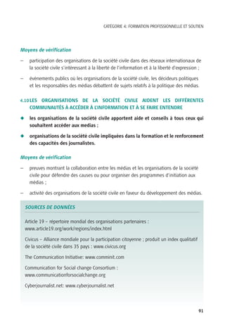 CATÉGORIE 4: FORMATION PROFESSIONNELLE ET SOUTIEN




Moyens de vérification

—     participation des organisations de la société civile dans des réseaux internationaux de
      la société civile s’intéressant à la liberté de l’information et à la liberté d’expression ;

—     évènements publics où les organisations de la société civile, les décideurs politiques
      et les responsables des médias débattent de sujets relatifs à la politique des médias.


4.10 LES ORGANISATIONS DE LA SOCIÉTÉ CIVILE AIDENT LES DIFFÉRENTES
      COMMUNAUTÉS À ACCÉDER À L’INFORMATION ET À SE FAIRE ENTENDRE

N     les organisations de la société civile apportent aide et conseils à tous ceux qui
      souhaitent accéder aux medias ;

N     organisations de la société civile impliquées dans la formation et le renforcement
      des capacités des journalistes.

Moyens de vérification

—     preuves montrant la collaboration entre les médias et les organisations de la société
      civile pour défendre des causes ou pour organiser des programmes d’initiation aux
      médias ;

—     activité des organisations de la société civile en faveur du développement des médias.

    SOURCES DE DONNÉES

    Article 19 – répertoire mondial des organisations partenaires :
    www.article19.org/work/regions/index.html

    Civicus – Alliance mondiale pour la participation citoyenne ; produit un index qualitatif
    de la société civile dans 35 pays : www.civicus.org

    The Communication Initiative: www.comminit.com

    Communication for Social change Consortium :
    www.communicationforsocialchange.org

    Cyberjournalist.net: www.cyberjournalist.net




                                                                                                91
 