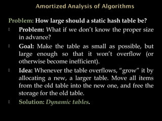 Problem: How large should a static hash table be?
 Problem: What if we don’t know the proper size
in advance?
 Goal: Make the table as small as possible, but
large enough so that it won’t overflow (or
otherwise become inefficient).
 Idea: Whenever the table overflows, “grow” it by
allocating a new, a larger table. Move all items
from the old table into the new one, and free the
storage for the old table.
 Solution: Dynamic tables.
 