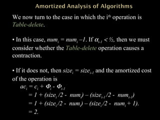 We now turn to the case in which the ith
operation is
Table-delete.
• In this case, numi = numi –1. If αi-1 < ½, then we must
consider whether the Table-delete operation causes a
contraction.
• If it does not, then sizei = sizei-1 and the amortized cost
of the operation is
aci = ci + Φi - Φi-1
= 1 + (sizei /2 - numi) – (sizei-1 /2 - numi-1)
= 1 + (sizei /2 - numi) – (sizei /2 - numi + 1).
= 2.
 