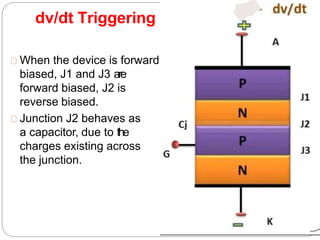 dv/dt Triggering
When the device is forward
biased, J1 and J3 are
forward biased, J2 is
reverse biased.
Junction J2 behaves as
a capacitor, due to the
charges existing across
the junction.
 