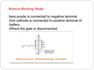 here,anode is connected to negative terminal
And cathode is connected to positive terminal of
battery.
Where the gate is disconnected.
Reverse Blocking Mode
 
