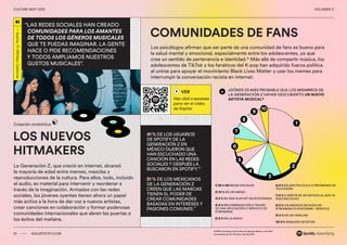 00 ADS.SPOTIFY.COM
CULTURE NEXT 2021 VOLUMEN 3
COMUNIDADES DE FANS
Los psicólogos afirman que ser parte de una comunidad de fans es bueno para
la salud mental y emocional, especialmente entre los adolescentes, ya que
crea un sentido de pertenencia e identidad.19
Más allá de compartir música, los
adolescentes de TikTok y los fanáticos del K-pop han adquirido fuerza política
al unirse para apoyar el movimiento Black Lives Matter y usar los memes para
interrumpir la conversación racista en internet.
LOS NUEVOS
HITMAKERS
Creación simbiótica
La Generación Z, que creció en internet, alcanzó
la mayoría de edad entre memes, mezclas y
reproducciones de la cultura. Para ellos, todo, incluido
el audio, es material para intervenir y reordenar a
través de la imaginación. Armados con las redes
sociales, los jóvenes oyentes tienen ahora un papel
más activo a la hora de dar voz a nuevos artistas,
crear canciones en colaboración y formar poderosas
comunidades internacionales que abren las puertas a
los éxitos del mañana.
“LAS REDES SOCIALES HAN CREADO
COMUNIDADES PARA LOS AMANTES
DE TODOS LOS GÉNEROS MUSICALES
QUE TE PUEDAS IMAGINAR. LA GENTE
HACE O PIDE RECOMENDACIONES
Y TODOS AMPLIAMOS NUESTROS
GUSTOS MUSICALES”.
10 ADS.SPOTIFY.COM
CULTURE NEXT 2021 VOLUMEN 3
41 % DE LOS USUARIOS
DE SPOTIFY DE LA
GENERACIÓN Z EN
MÉXICO DIJERON QUE
HAN ESCUCHADO UNA
CANCIÓN EN LAS REDES
SOCIALES Y DESPUÉS LA
BUSCARON EN SPOTIFY.20
51 % DE LOS MEXICANOS
DE LA GENERACIÓN Z
CREEN QUE LAS MARCAS
TIENEN EL PODER DE
CREAR COMUNIDADES
BASADAS EN INTERESES Y
PASIONES COMUNES.21
VER
Haz click o escanea
para ver el video
de Sophia
1) 38 % EN REDES SOCIALES
2) 10 % DE UN AMIGO
3) 9 % EN UNA PLAYLIST SELECCIONADA
4) 8 % RECOMENDACIÓN A TRAVÉS
DE UNA APLICACIÓN O SERVICIO DE
STREAMING
5) 8 % EN LA RADIO
¿DÓNDE ES MÁS PROBABLE QUE LOS MIEMBROS DE
LA GENERACIÓN Z HAYAN DESCUBIERTO UN NUEVO
ARTISTA MUSICAL?
1
2
3
4
5
6
7
8
9
10
6) 8 % EN UNA PELÍCULA O PROGRAMA DE
TELEVISIÓN
7) 6 % A PARTIR DE UN ARTISTA AL QUE YA
SIGO/ESCUCHO
8) 6 % UN ANUNCIO DE AUDIO EN
STREAMING PLATAFORMA / SERVICIO
9) 4 % DE UN FAMILIAR
10) 3 % NINGUNO DE ESTOS
FUENTE: Encuesta Culture Next de Spotify, México, entre 507
encuestados de 15 a 40 años, abril de 2021
—
Sophia,
17,
Whittier,
California
 