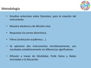Metodología

  • Estudios anteriores sobre Docentes, para la creación del
    instrumento.

  • Muestra aleatoria y de difusión viral.

  • Respuesta vía correo electrónica.

  • Filtros (institución académica …)

  • Se aplicaron dos instrumentos simultáneamente, con
    resultados estadísticamente sin diferencias significativas.

  • Difusión a través de EduGlobal, Profe Datos y Redes
    vinculadas a la Educación.
 
