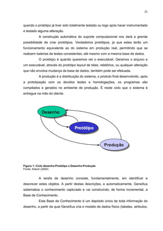 21



quando o protótipo já tiver sido totalmente testado ou logo após haver instrumentado
e testado alguma alteração.
           A construção automática do suporte computacional nos dará a grande
possibilidade de criar protótipos. Verdadeiros protótipos, já que estes terão um
funcionamento equivalente ao do sistema em produção real, permitindo que se
realizem baterias de testes consistentes, até mesmo com a mesma base de dados.
           O protótipo é quando queremos ver o executável. Geramos o arquivo e
um executável, através do protótipo layout de telas, relatórios, ou qualquer alteração
que não envolva mudança da base de dados, também pode ser efetuada.
           A produção é a distribuição do sistema, o produto final desenvolvido, após
a prototipação com os devidos testes e homologações, os programas são
compilados e gerados no ambiente de produção. É neste ciclo que o sistema é
entregue na mão do cliente.




Figura 1: Ciclo desenho-Protótipo e Desenho-Produção
Fonte: Artech (2004)


           A tarefa de desenho consiste, fundamentalmente, em identificar e
descrever estes objetos. A partir destas descrições, e automaticamente, GeneXus
sistematiza o conhecimento capturado e vai construindo, de forma incremental, a
Base de Conhecimento.
           Esta Base de Conhecimento é um depósito único de toda informação do
desenho, a partir da qual GeneXus cria o modelo de dados físico (tabelas, atributos,
 