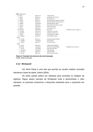 23




   Figura 3: Exemplo de estrutura de uma transação
   Fonte: Acervo do autor.


   2.3.2 Workpanel

           Um Work Panel é uma tela que permite ao usuário realizar consultas
interativas à base de dados. Artech (2004).
           Os works panels podem ser utilizados para consultas ou listagem de
registros. Segue abaixo exemplo de Workpanel onde é demonstrado o valor
calculado, os possíveis acréscimos e descontos existentes para o orçamento em
questão.
 
