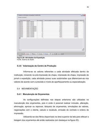 46




   Figura 20: Atividades da Expedição
   Fonte: Acervo do Autor.


   5.3.6 Valorização do Centro de Produção

          Informa-se os valores referentes a cada atividade efetuada dentro da
instituição, iniciando na pré-impressão de chapa, impressão de chapa, impressão de
jornal e expedição, cada atividade possui suas subdivisões que diferenciam-se nos
valores de acordo com a precisão e níveis de aperfeiçoamento ou especialização.


   5.4   MOVIMENTAÇÃO

   5.4.1 Manutenção de Orçamentos

          As configurações definidas nas etapas anteriores são utilizadas na
manutenção dos orçamentos, pois é onde é possível realizar inclusão, alteração,
eliminação, aprovar ou reprovar, bloqueio de orçamentos, simulações de valores,
negociações com o cliente, calculo e recalculo, emissão de contrato e ordens de
impressão.
          Utilizando-se dos filtros disponíveis na área superior da tela para efetuar a
listagem dos orçamentos até então realizados (em destaque na figura 20).
 
