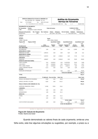 50




    Figura 24: Calculo do Orçamento
    Fonte: Acervo do Autor


          Quando demonstrado os valores finais de cada orçamento, emite-se uma
folha extra, esta traz algumas simulações ou sugestões, por exemplo, a prazo ou a
 
