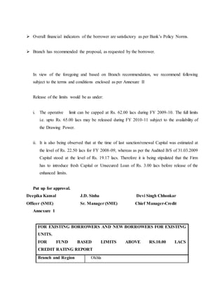  Overall financial indicators of the borrower are satisfactory as per Bank’s Policy Norms.
 Branch has recommended the proposal, as requested by the borrower.
In view of the foregoing and based on Branch recommendation, we recommend following
subject to the terms and conditions enclosed as per Annexure II
Release of the limits would be as under:
i. The operative limit can be capped at Rs. 62.00 lacs during FY 2009-10. The full limits
i.e. upto Rs. 65.00 lacs may be released during FY 2010-11 subject to the availability of
the Drawing Power.
ii. It is also being observed that at the time of last sanction/renewal Capital was estimated at
the level of Rs. 22.50 lacs for FY 2008-09, whereas as per the Audited B/S of 31.03.2009
Capital stood at the level of Rs. 19.17 lacs. Therefore it is being stipulated that the Firm
has to introduce fresh Capital or Unsecured Loan of Rs. 3.00 lacs before release of the
enhanced limits.
Put up for approval.
Deepika Kansal J.D. Sinha Devi Singh Chhonkar
Officer (SME) Sr. Manager (SME) Chief Manager-Credit
Annexure 1
FOR EXISTING BORROWERS AND NEW BORROWERS FOR EXISTING
UNITS.
FOR FUND BASED LIMITS ABOVE RS.10.00 LACS
CREDIT RATING REPORT
Branch and Region Okhla
 