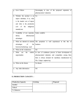 g. Govt. Policies Encouraging in view of the proposed expansion of
pharmaceutical industries
h. Whether the product is an
import substitute, if so, what
is the landed cost of import
and what is the production
cost of the indigenous
manufacture
No
i. Availability of raw materials,
labour, infrastructural
advantages
Easily available.
j. What are internal & external
advantages of the
borrower/technology used
The proprietor is well experienced in this line of
business.
k. What are the weaknesses Nil
l. What are the relative
opportunities
In view of continuous process of latest development in
pharmaceutical industries and competition among them
there is always demand for machinery manufactured by
M/s. Unique engineering
m. What are the threats No threats
n. Any other information Nil
12. PRODUCTION CAPACITY :
Production Capacity Existing Proposed
Installed
Utilised
% Utilisation
 
