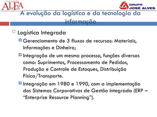 A evolução da logística e da tecnologia da
informação
 Logística Integrada
 Gerenciamento de 3 fluxos de recursos: Materiais,
Informações e Dinheiro;
 Integração de um mesmo processo, funções diversas
como: Suprimentos, Processamento de Pedidos,
Produção e Controle de Estoques, Distribuição
Física/Transporte.
 Integração em 1980 e 1990, com a implementação
dos Sistemas Corporativos de Gestão Integrada (ERP –
“Enterprise Resource Planning”).
 
