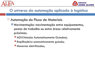 O universo da automação aplicada à logística
 Automação do Fluxo de Materiais
 Movimentação: movimentação entre equipamentos,
postos de trabalho ou entre áreas relativamente
próximas.
 AGV(Veículos Automaticamente Guiados);
 Empilhadeira automaticamente guiada;
 Monovias eletrificadas;
 