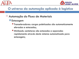 O universo da automação aplicada à logística
 Automação do Fluxo de Materiais
 Estocagem
 Transelevadores: cargas paletizadas são automaticamente
elevadas e estocadas;
 Miniloads: contetoras são estocados e separados
rapidamente através deste sistema automatizada para
estocagem;
 