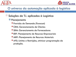 O universo da automação aplicada à logística
 Soluções de T.I. aplicadas à Logística
 Planejamento
 Previsão de Demanda (Forecast)
 CRM: Gerenciamento de Clientes
 SRM: Gerenciamento de Fornecedores
 ERP: Planejamento de Recursos Empresariais
 MRP: Planejamento de Recursos Materiais
 APS: Limites e Restrições, otimizar programação da
produção.
 
