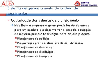 Sistema de gerenciamento da cadeia de
suprimentos
 Capacidade dos sistemas de planejamento
 Habilitam a empresa a gerar previsões de demanda
para um produto e a desenvolver planos de aquisição
de matéria-prima e fabricação para aquele produto.
 Planejamento de pedidos
 Programação prévia e planejamento de fabricação;
 Planejamento de demanda;
 Planejamento de distribuição;
 Planejamento de transporte.
 