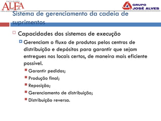 Sistema de gerenciamento da cadeia de
suprimentos
 Capacidades dos sistemas de execução
 Gerenciam o fluxo de produtos pelos centros de
distribuição e depósitos para garantir que sejam
entregues nos locais certos, de maneira mais eficiente
possível.
 Garantir pedidos;
 Produção final;
 Reposição;
 Gerenciamento de distribuição;
 Distribuição reversa.
 