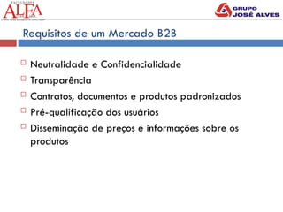 Requisitos de um Mercado B2B
 Neutralidade e Confidencialidade
 Transparência
 Contratos, documentos e produtos padronizados
 Pré-qualificação dos usuários
 Disseminação de preços e informações sobre os
produtos
 