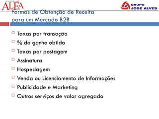 Formas de Obtenção de Receita
para um Mercado B2B
 Taxas por transação
 % do ganho obtido
 Taxas por postagem
 Assinatura
 Hospedagem
 Venda ou Licenciamento de Informações
 Publicidade e Marketing
 Outros serviços de valor agregado
 