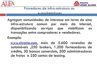 Provedores de infra-estrutura ou
e-marketplaces
Agregam comunidades de interesse em torno de uma
infra-estrutura comum por meio da internet,
disponibilizando serviços que viabilizam as
transações entre compradores e vendedores.
Exemplo:
www.chrome.com, mais de 5.600 revendas de
automóveis ,250 brokers, 1.200 fornecedores de
crédito, 30 bancos comerciais, 500 administradoras
de frotas e 250 contas de leasing.
 