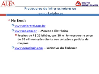 Provedores de infra-estrutura ou
e-marketplaces
 No Brasil:
 www.embratel.com.br
 www.me.com.br – Mercado Eletrônico
 Receitas de R$ 25 bilhões, com 38 mil fornecedores e cerca
de 28 mil transações diárias com cotações e pedidos de
compras.
 www.aerochain.com – Iniciativa da Embraer
 