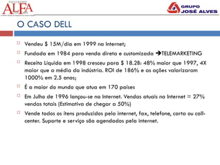 O CASO DELL
 Vendeu $ 15M/dia em 1999 na Internet;
 Fundada em 1984 para venda direta e customizada TELEMARKETING
 Receita Líquida em 1998 cresceu para $ 18.2B: 48% maior que 1997, 4X
maior que a média da indústria. ROI de 186% e as ações valorizaram
1000% em 2.5 anos;
 É a maior do mundo que atua em 170 países
 Em Julho de 1996 lançou-se na Internet. Vendas atuais na Internet = 27%
vendas totais (Estimativa de chegar a 50%)
 Vende todos os ítens produzidos pela internet, fax, telefone, carta ou call-
center. Suporte e serviço são agendados pela internet.
 