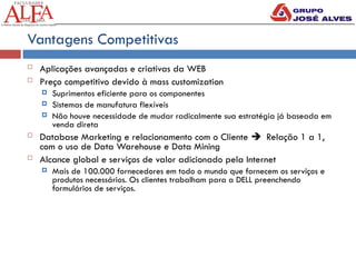 Vantagens Competitivas
 Aplicações avançadas e criativas da WEB
 Preço competitivo devido à mass customization
 Suprimentos eficiente para os componentes
 Sistemas de manufatura flexíveis
 Não houve necessidade de mudar radicalmente sua estratégia já baseada em
venda direta
 Database Marketing e relacionamento com o Cliente  Relação 1 a 1,
com o uso de Data Warehouse e Data Mining
 Alcance global e serviços de valor adicionado pela Internet
 Mais de 100.000 fornecedores em todo o mundo que fornecem os serviços e
produtos necessários. Os clientes trabalham para a DELL preenchendo
formulários de serviços.
 