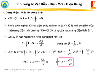 2015 - Lý thuyết trường điện từ - Nguyễn Việt Sơn 5
I. Dòng điện - Mật độ dòng điện
Chương 5: Vật Dẫn - Điện Môi - Điện Dung
 Theo định nghĩa: Dòng điện chảy ra khỏi mặt kín tỷ lệ với độ giảm của
hạt mang điện tích dương (tỉ lệ với độ tăng của hạt mang điện tích âm).
 Gọi Qi là các hạt mang điện trong một mặt kín.
 Định lý Dive:
S
I d
 
 J S
i
S
dQ
I d
dt
   
J S
( )
S V
d dv
  
 
J S J
 Xét một mặt kín S:
i V
V
Q dv

 
( ) V
V
V V V
d
dv dv dv
dt t



     

  
J
( ) V
v v
t


     

J V
t


   

J
trong đó
 