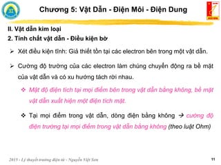 2015 - Lý thuyết trường điện từ - Nguyễn Việt Sơn 11
Chương 5: Vật Dẫn - Điện Môi - Điện Dung
 Xét điều kiện tĩnh: Giả thiết tồn tại các electron bên trong một vật dẫn.
 Cường độ trường của các electron làm chúng chuyển động ra bề mặt
của vật dẫn và có xu hướng tách rời nhau.
 Mật độ điện tích tại mọi điểm bên trong vật dẫn bằng không, bề mặt
vật dẫn xuất hiện một điện tích mặt.
 Tại mọi điểm trong vật dẫn, dòng điện bằng không  cường độ
điện trường tại mọi điểm trong vật dẫn bằng không (theo luật Ohm)
II. Vật dẫn kim loại
2. Tính chất vật dẫn - Điều kiện bờ
 