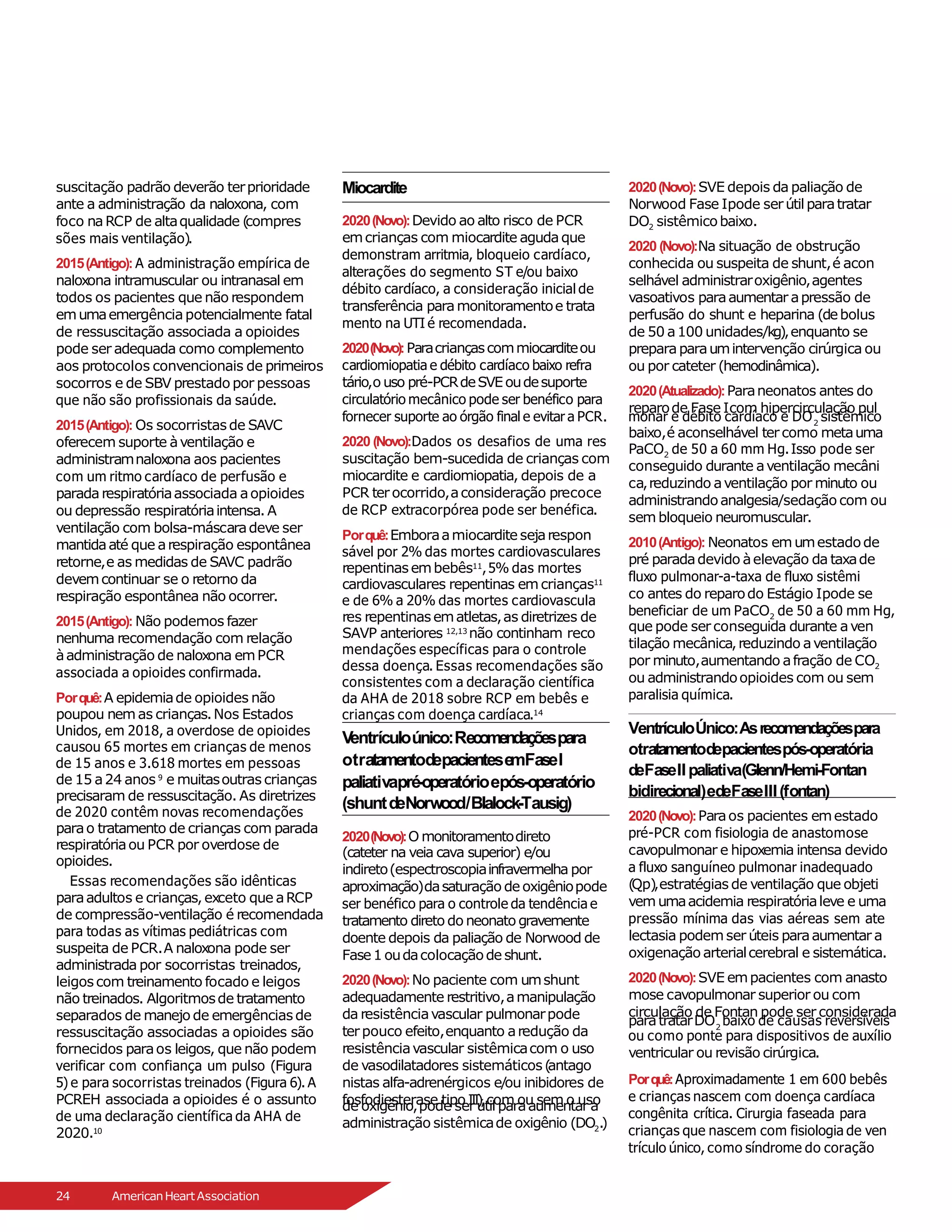 suscitação padrão deverão terprioridade
ante a administração da naloxona, com
foco naRCP de altaqualidade (
compres
sões mais ventilação).
2015(Antigo): A administração empírica de
naloxona intramuscular ou intranasal em
todos os pacientes que não respondem
emumaemergênciapotencialmente fatal
de ressuscitação associada a opioides
pode ser adequada como complemento
aos protocolos convencionais de primeiros
socorros e de SBV prestado por pessoas
que não são profissionais da saúde.
2015(Antigo): Os socorristasde SAVC
oferecem suporte àventilação e
administramnaloxona aos pacientes
com um ritmo cardíaco de perfusão e
paradarespiratóriaassociada aopioides
ou depressão respiratóriaintensa.A
ventilação com bolsa-máscaradeve ser
mantidaaté que arespiração espontânea
retorne,e as medidas de SAVC padrão
devemcontinuar se o retorno da
respiração espontânea não ocorrer.
2015(Antigo): Não podemos fazer
nenhuma recomendação com relação
àadministração de naloxona emPCR
associada a opioides confirmada.
Porquê:A epidemiade opioides não
poupou nemas crianças.Nos Estados
Unidos, em 2018, a overdose de opioides
causou 65 mortes em crianças de menos
de 15 anos e 3.618 mortes em pessoas
de 15 a24 anos 9
e muitasoutras crianças
precisaram de ressuscitação. As diretrizes
de 2020 contêm novas recomendações
parao tratamento de crianças com parada
respiratóriaou PCR por overdose de
opioides.
Essas recomendações são idênticas
paraadultos e crianças,exceto que aRCP
de compressão-ventilação é recomendada
para todas as vítimas pediátricas com
suspeita de PCR.A naloxona pode ser
administrada por socorristas treinados,
leigoscom treinamento focado e leigos
não treinados. Algoritmosde tratamento
separados de manejo de emergênciasde
ressuscitação associadas a opioides são
fornecidos paraos leigos, que não podem
verificar com confiança um pulso (Figura
5) e para socorristas treinados (Figura 6). A
PCREH associada a opioides é o assunto
de uma declaração científica da AHA de
2020.10
Miocardite
2020(Novo):Devido ao alto risco de PCR
emcrianças com miocardite agudaque
demonstram arritmia, bloqueio cardíaco,
alterações do segmento ST e/ou baixo
débito cardíaco, a consideração inicial de
transferência paramonitoramentoe trata
mento na UTI é recomendada.
2020(Novo):Paracriançascommiocarditeou
cardiomiopatia e débito cardíaco baixo refra
tário,o uso pré-PCRdeSVEoudesuporte
circulatório mecânico pode ser benéfico para
fornecer suporte ao órgão final e evitar a PCR.
2020 (Novo):Dados os desafios de uma res
suscitação bem-sucedida de crianças com
miocardite e cardiomiopatia, depois de a
PCR terocorrido,aconsideração precoce
de RCP extracorpórea pode ser benéfica.
Porquê:Emboraamiocardite sejarespon
sável por 2% das mortes cardiovasculares
repentinasembebês11
,5% das mortes
cardiovasculares repentinas emcrianças11
e de 6% a 20% das mortes cardiovascula
res repentinasematletas,as diretrizes de
SAVP anteriores 12,13 não continham reco
mendações específicas para o controle
dessa doença. Essas recomendações são
consistentes com a declaração científica
da AHA de 2018 sobre RCP em bebês e
crianças com doença cardíaca.14
Ventrículoúnico:Recomendaçõespara
otratamentodepacientese
mFaseI
paliativapré-operatórioepós-operatório
(shuntdeNorwood/Blalock-Tausig)
2020(Novo):O monitoramentodireto
(cateter na veia cava superior) e/ou
indireto(espectroscopiainfravermelha por
aproximação)dasaturação de oxigêniopode
ser benéfico para o controle da tendência e
tratamento direto do neonato gravemente
doente depois da paliação de Norwood de
Fase1 oudacolocaçãode shunt.
2020(Novo):No paciente com umshunt
adequadamente restritivo,amanipulação
da resistênciavascular pulmonarpode
terpouco efeito,enquanto aredução da
resistênciavascular sistêmicacom o uso
de vasodilatadores sistemáticos(
antago
nistas alfa-adrenérgicos e/ou inibidores de
fosfodiesterase tipo I
I
I
)
,com ou sem o uso
de oxigênio,pode serútil paraaumentar a
administração sistêmicade oxigênio (DO2.)
2020(Novo):SVE depois da paliação de
Norwood Fase Ipode serútil paratratar
DO2 sistêmicobaixo.
2020 (Novo):Na situação de obstrução
conhecida ou suspeita de shunt,é acon
selhável administraroxigênio,agentes
vasoativos paraaumentar apressão de
perfusão do shunt e heparina (debolus
de 50 a100 unidades/kg),enquanto se
preparaparaumintervenção cirúrgica ou
ou por cateter (hemodinâmica).
2020(Atualizado):Paraneonatos antes do
reparode Fase Icom hipercirculação pul
baixo,é aconselhável tercomo metauma
2
monar e débito cardíaco e DO sistêmico
PaCO2 de 50 a 60 mm Hg.Isso pode ser
conseguido durante aventilação mecâni
ca,reduzindo aventilação por minuto ou
administrandoanalgesia/sedação com ou
sem bloqueio neuromuscular.
2010(Antigo): Neonatos emumestadode
pré paradadevido àelevação da taxade
fluxo pulmonar-a-taxa de fluxo sistêmi
co antes do reparodo Estágio Ipode se
beneficiar de um PaCO2 de 50 a 60 mm Hg,
que pode serconseguida durante aven
tilação mecânica,reduzindo aventilação
por minuto,aumentando afração de CO2
ou administrandoopioides com ou sem
paralisia química.
VentrículoÚnico:Asrecomendaçõespara
otratamentodepacientespós-operatória
deFaseIIpaliativa(Glenn/Hemi-Fontan
bidirecional)edeFaseIII(fontan)
2020(Novo):Paraos pacientes emestado
pré-PCR com fisiologia de anastomose
cavopulmonar e hipoxemia intensa devido
a fluxo sanguíneo pulmonar inadequado
(
Qp),estratégias de ventilação que objeti
vemumaacidemia respiratórialeve e uma
pressão mínima das vias aéreas sem ate
lectasia podemser úteis paraaumentar a
oxigenação arterialcerebral e sistemática.
2020(Novo):SVE empacientes com anasto
mose cavopulmonar superior ou com
circulação de Fontan pode ser considerada
2
paratratarDO baixo de causas reversíveis
ou como ponte para dispositivos de auxílio
ventricular ou revisão cirúrgica.
Porquê:Aproximadamente 1 em 600 bebês
e crianças nascem com doença cardíaca
congênita crítica. Cirurgia faseada para
crianças que nascem com fisiologia de ven
trículo único, como síndrome do coração
24 AmericanHeartAssociation
 