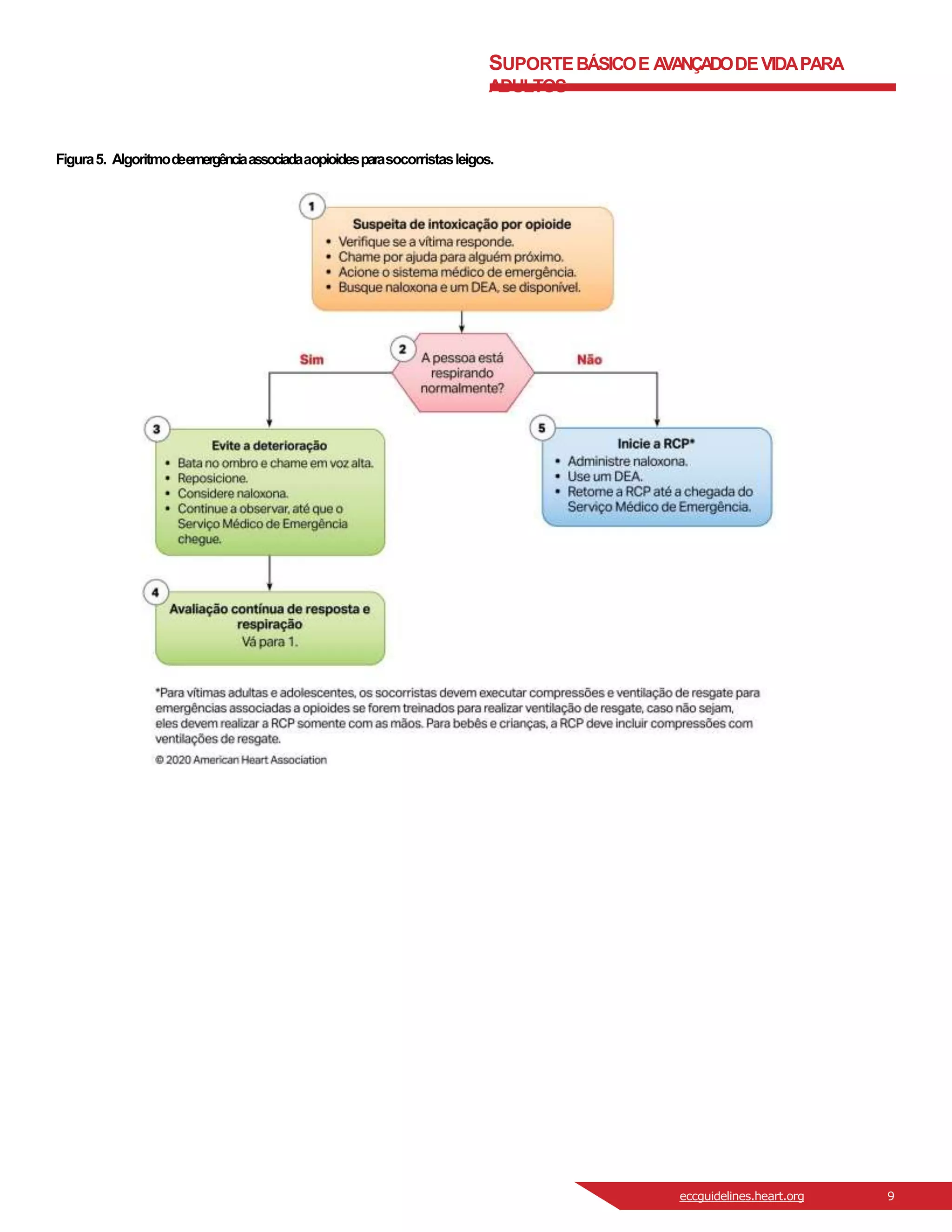 SUPORTEBÁSICOE A
VA
NÇA
DODEVIDAPARA
ADULTOS
Figura5. Algoritmodeemergênciaassociadaaopioidesparasocorristasleigos.
eccguidelines.heart.org 9
 