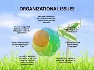 ORGANIZATIONAL ISSUES
Structural deficiencies:
Lack of proper structure
and no clearly defined
hierarchy.
Roles and
responsibilities not
clearly defined
Dissatisfaction and
conflict among
employees
Lack of proper feedback
and review mechanism in
the organization.
No conflict resolution
mechanism in place to
reduce and efficiently
resolve the various
employee issues
Strong communication
gap within employees
at all levels.
Absence of regulated
policies, procedures
and systems within the
organization.
 